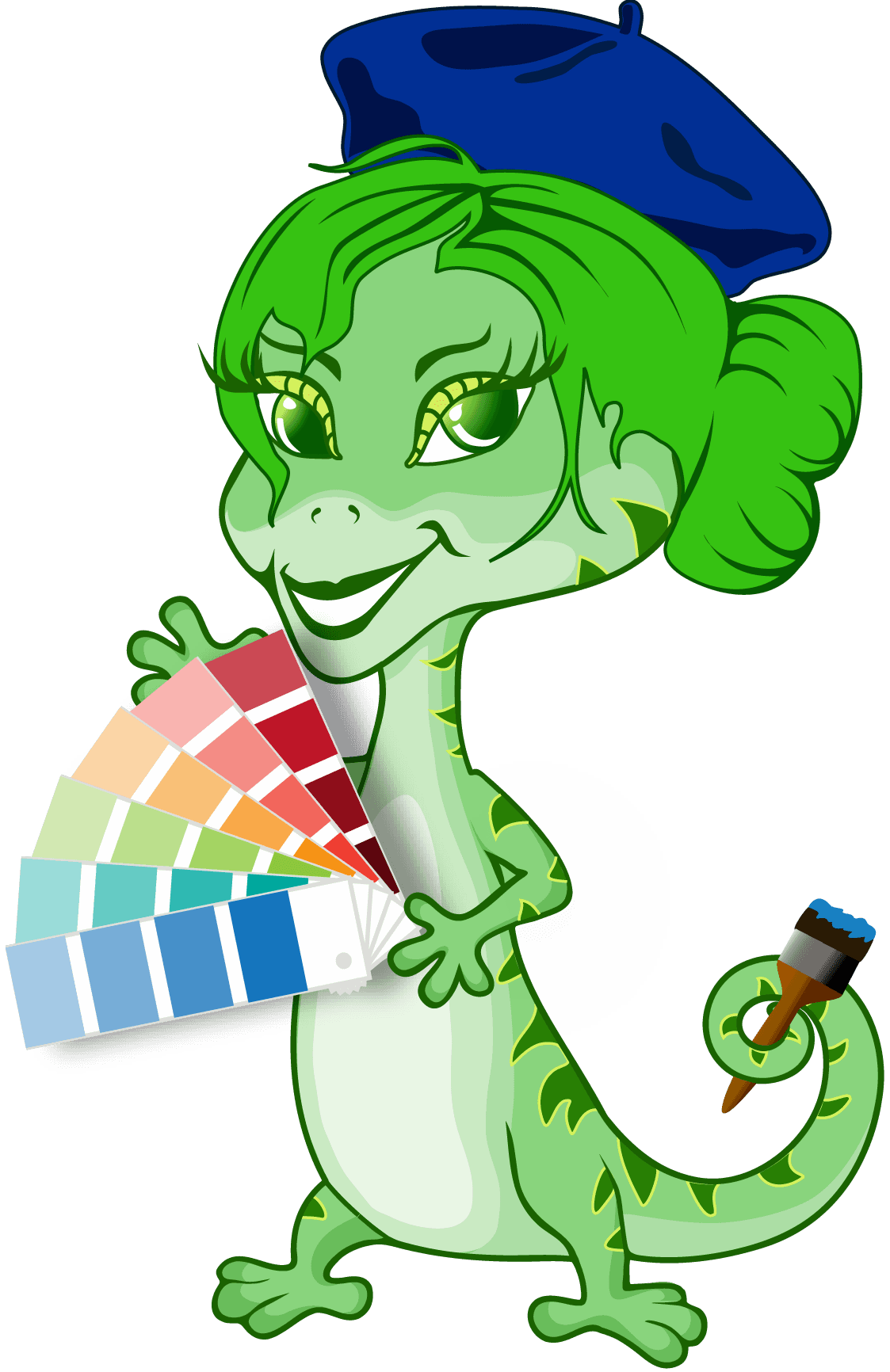 The Colour Chameleon — a chameleon in a blue beret holding a fan deck of paint chips