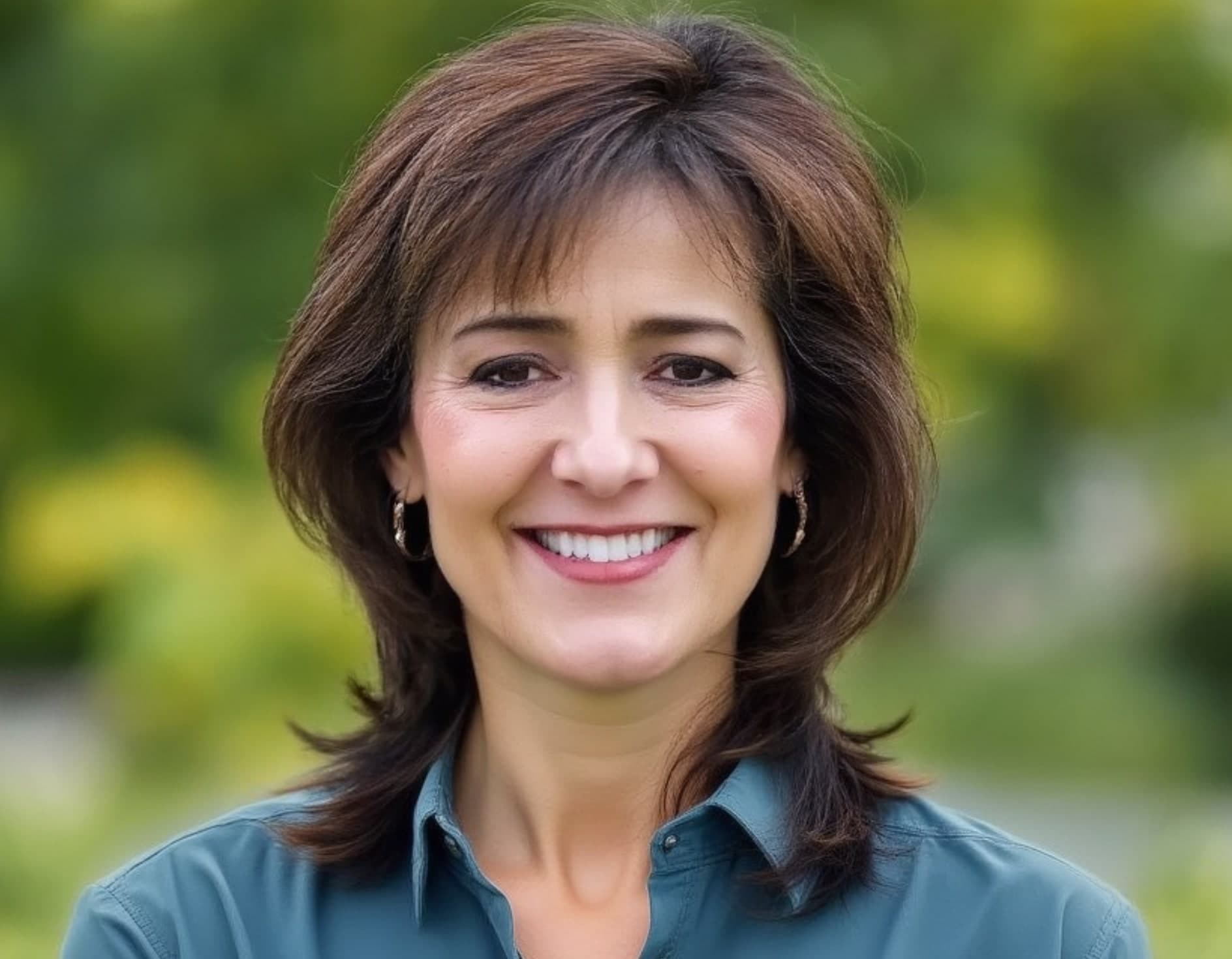 Patricia Smith, Atlanta paint color consultant — smiling in a garden in a teal shirt