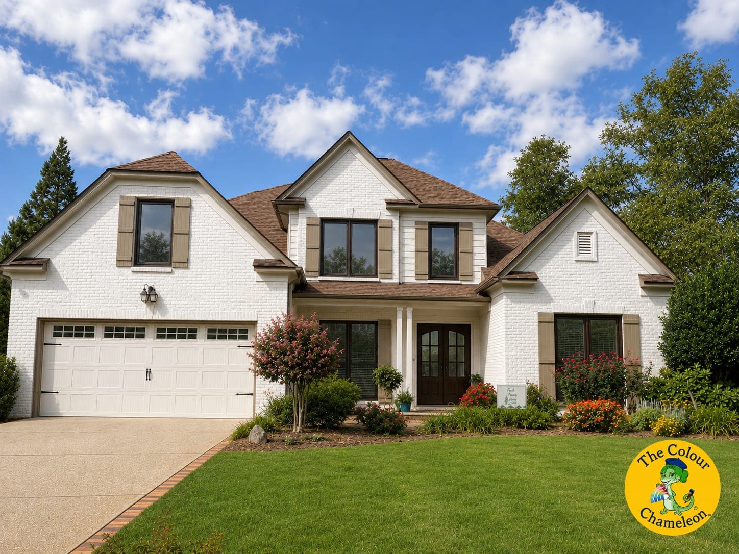 The same house with the brick painted soft white, olive-green shutters, dark bronze window trim and a white garage door