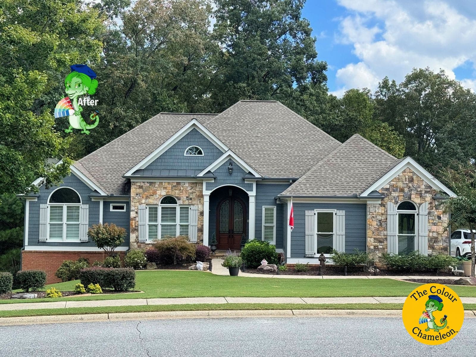 The same house repainted slate blue-gray with soft light trim, the stonework left as it was